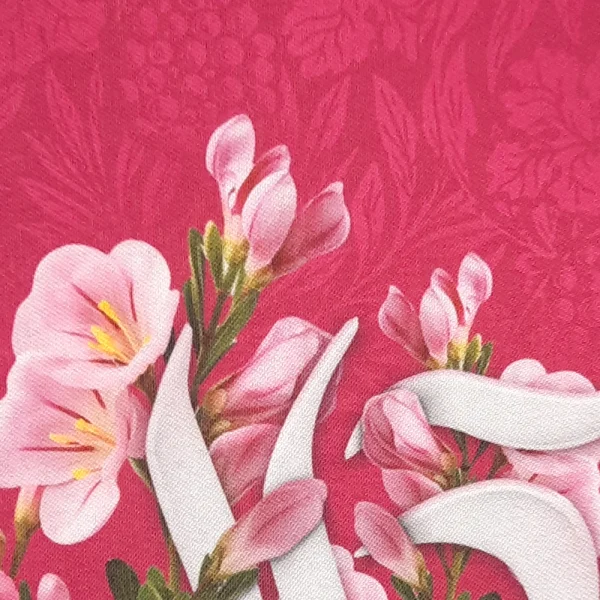 کتیبه نیمه شعبان مخمل با شعار قائم آل محمد زمینه گل و صورتی عمودی تک عددی