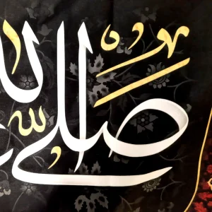 کتیبه مخمل با شعار صلی الله علیک یا ابا القاسم یا رسول الله اللهم عجل لولیک الفرج دعای فرج کادر اسامی 14 معصوم