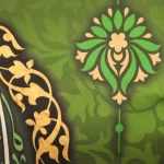 کتیبه مخمل با نام مبارک حضرت محمد با شعار اللهم صل و سلم علی محمد و اله زمینه سبز