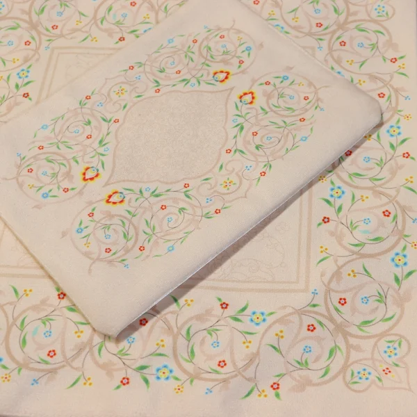 سجاده جانماز مخمل سه تیکه طرح بهشت کرم کد 0588