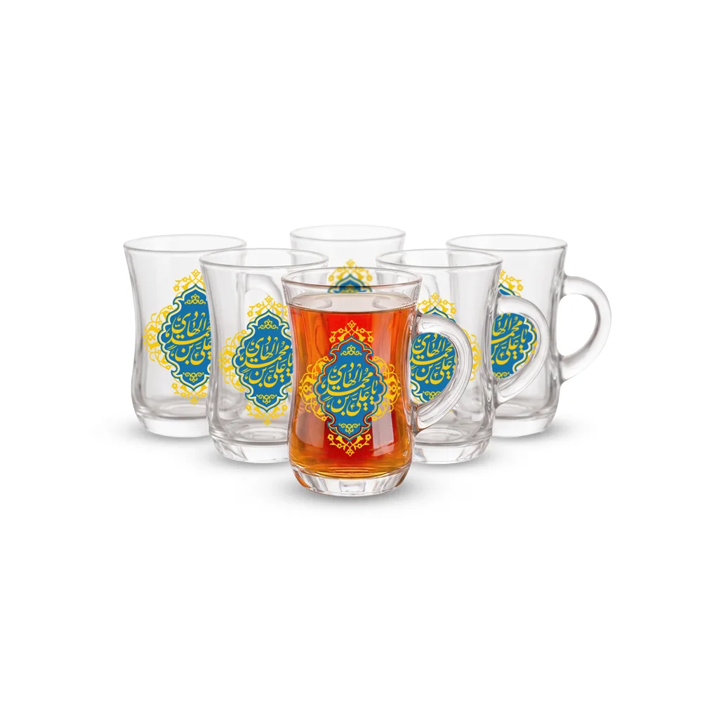 set-of-6-waisted-tea-glasses-with-handles-inscribed-ya-ali-ibn-muhammad-al-hadi-code-0236 استکان کمر باریک دسته دار یا علی بن محمد الهادی 6عددی کد 0236
