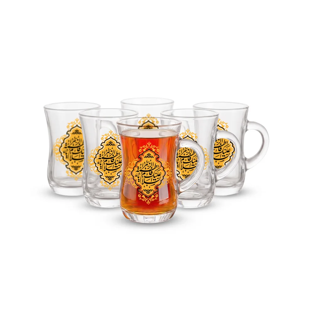 set-of-6-waisted-tea-glasses-with-handles-inscribed-ya-fatemeh-al-zahra-code-1512 استکان کمر باریک دسته دار یا فاطمه الزهرا 6 عددی کد 1512