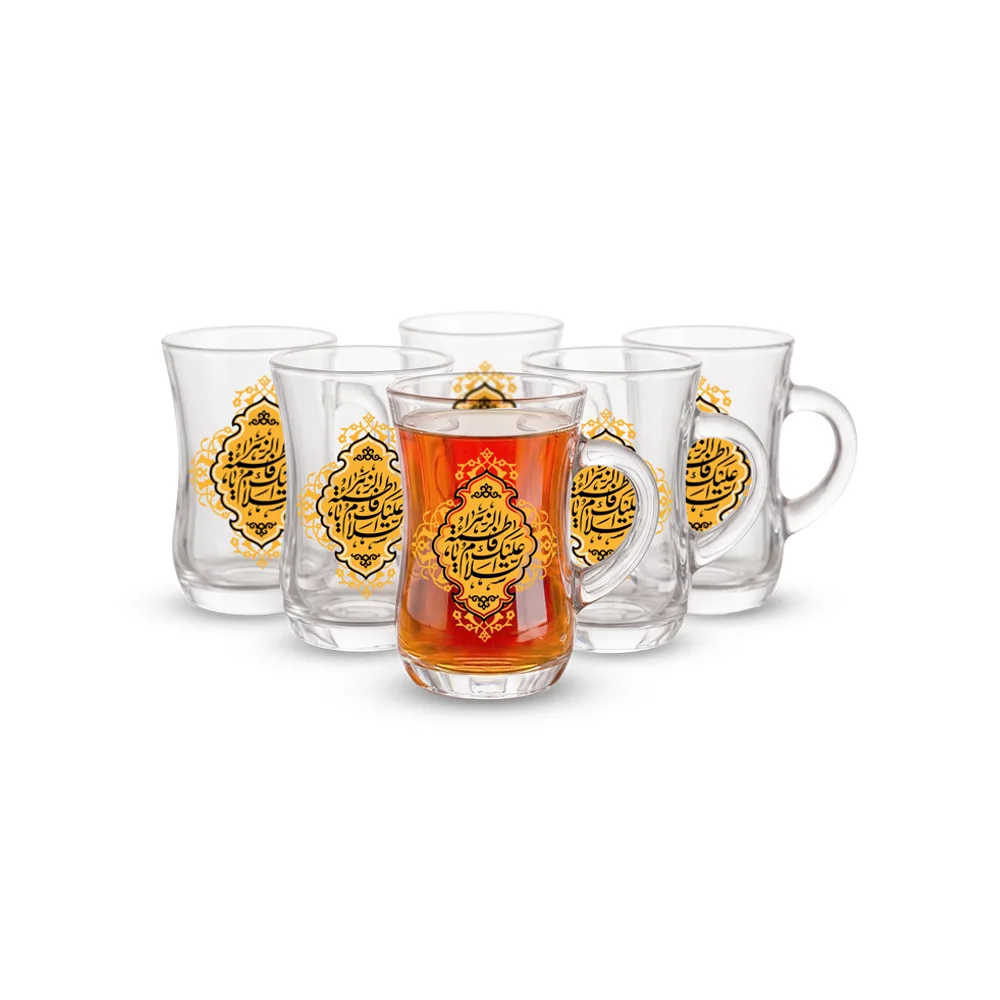 set-of-6-slim-waisted-tea-glasses-with-handles-peace-be-upon-you-o-fatimah-code-1516 استکان کمر باریک دسته دار السلام علیک یا فاطمه 6عددی کد 1516