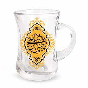 استکان کمر باریک دسته دار محرم یا حسین ابن علی الشهیدة شش عددی زمینه طلایی کد 2331