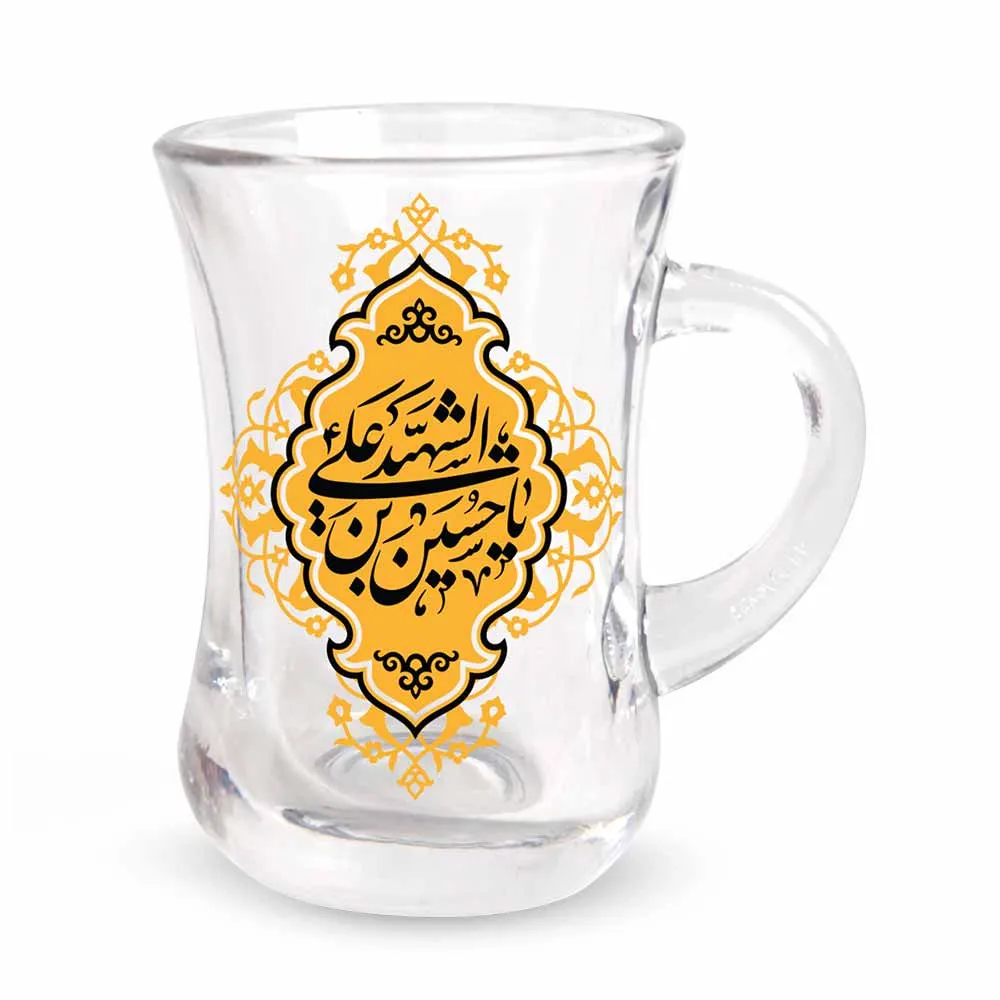 استکان کمر باریک دسته دار محرم یا حسین ابن علی الشهیدة شش عددی زمینه طلایی کد 2331