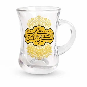 استکان کمر باریک دسته دار محرم صلی الله علی باکین الحسین طلایی شش عددی کد 2310